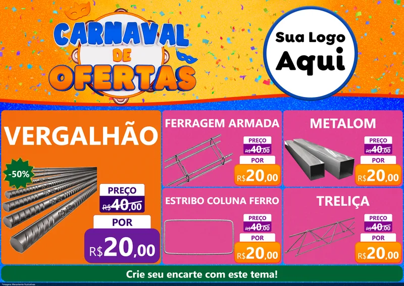 Modelo de Encarte para Encarte A4 Horizontal com o tema Carnaval de Ofertas para Ferragens