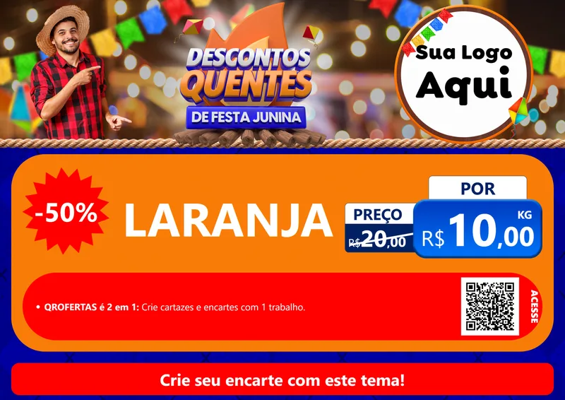 Modelo de Cartaz para Cartaz A4 Horizontal com o tema Descontos Quentes de Festa Junina para Hortifrúti