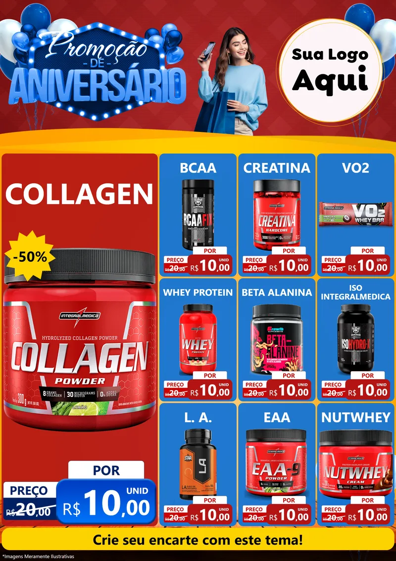 Modelo de Encarte para Encarte A4 Vertical com o tema Promoção de Aniversário para Suplementos alimentares