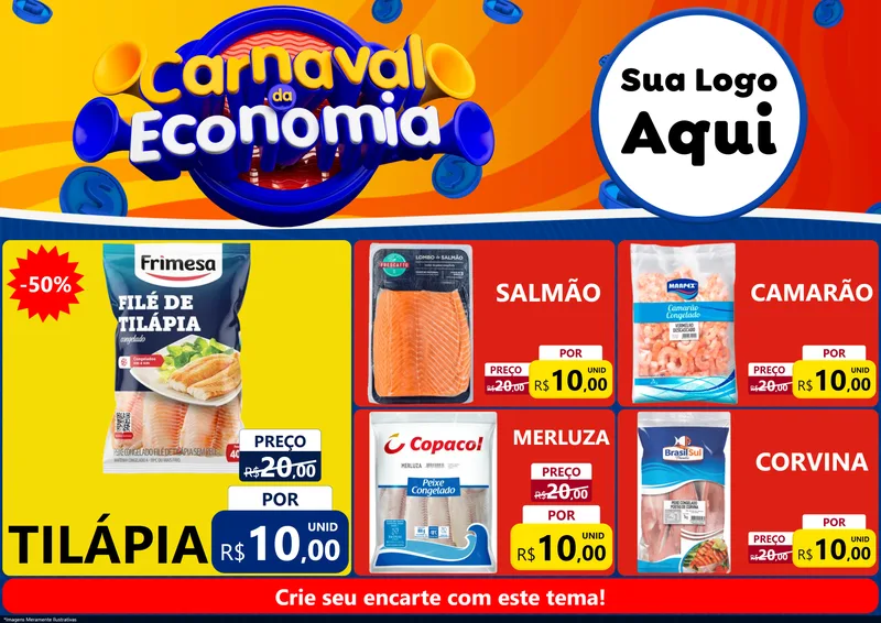 Modelo de Encarte para Encarte A4 Horizontal com o tema Carnaval da Economia para Peixaria