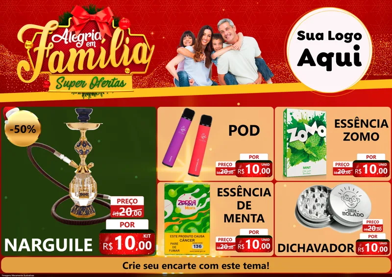 Modelo de Encarte para Encarte A4 Horizontal com o tema Alegria em Família Super Ofertas - Natal para Tabacaria