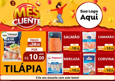 Modelo de Encarte para Encarte A4 Horizontal com o tema Mês do Cliente para Peixaria