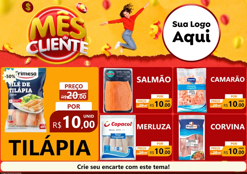 Modelo de Encarte para Encarte A4 Horizontal com o tema Mês do Cliente para Peixaria