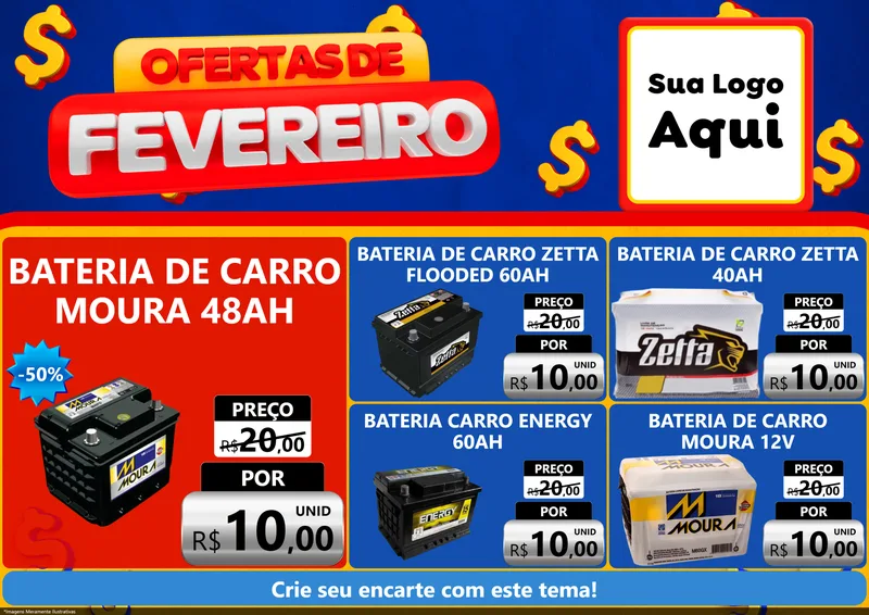 Modelo de Encarte para Encarte A4 Horizontal com o tema Ofertas de Fevereiro para Baterias Elétricas