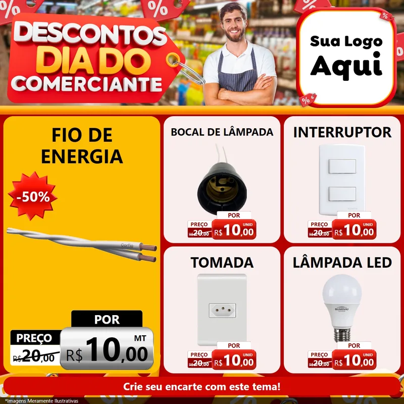 Modelo de Rede Social para Feed Facebook com o tema Descontos Dia do Comerciante para Materiais Elétricos