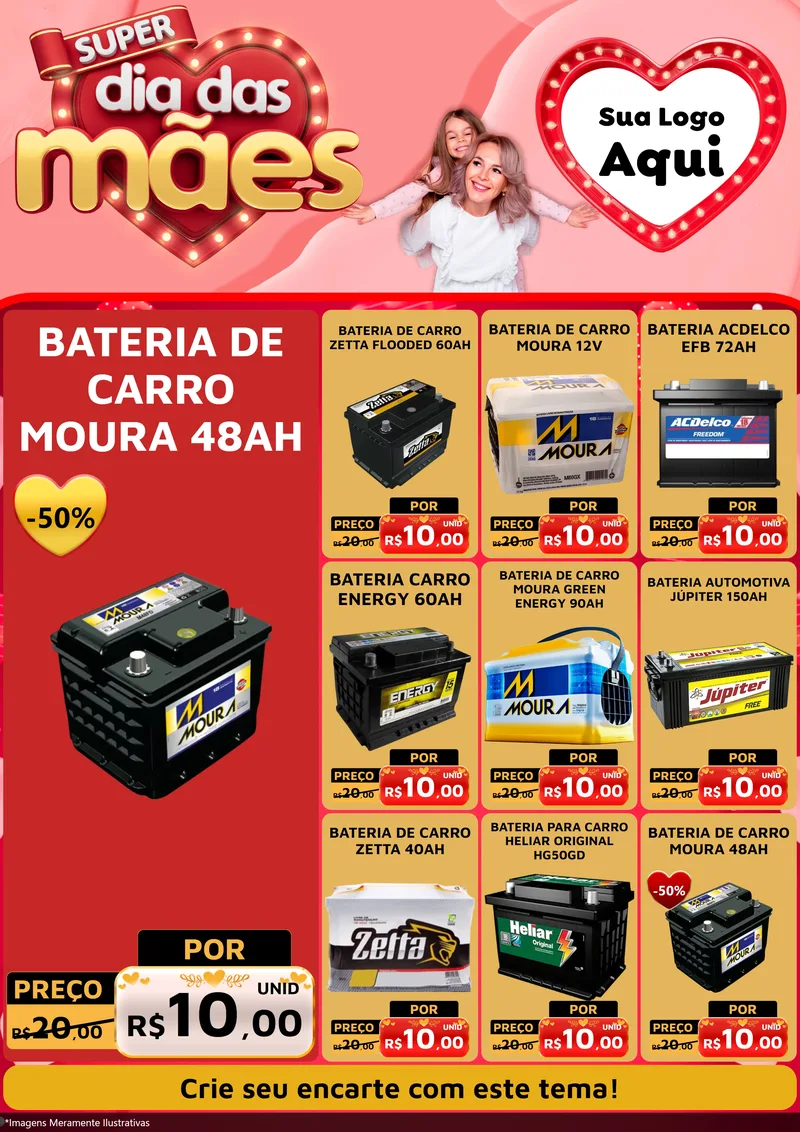 Modelo de Encarte para Encarte A4 Vertical com o tema Super Dia Das Mães para Baterias Elétricas