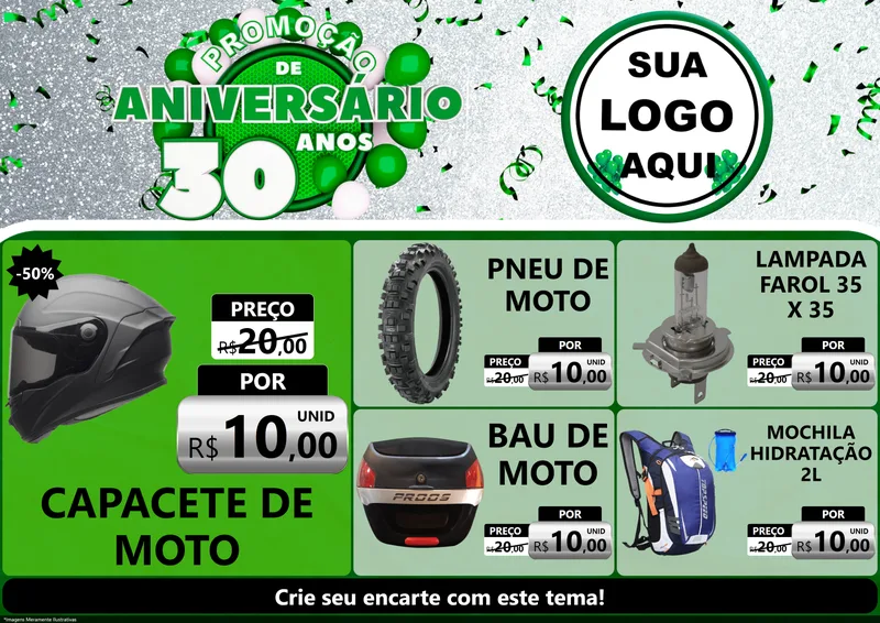Modelo de Encarte para Encarte A4 Horizontal com o tema Promoção de Aniversário - 30 Anos para Moto peças