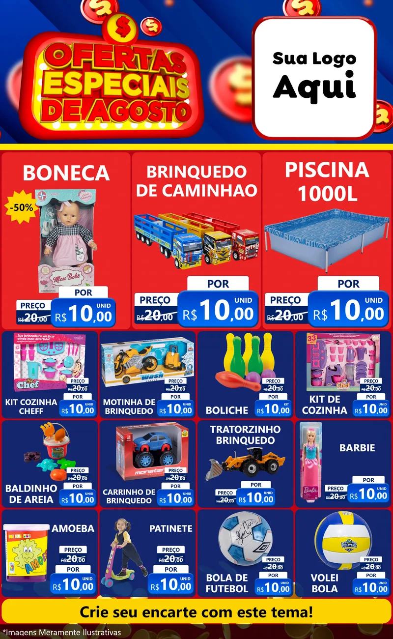 Modelo de Encarte para Encarte Grande com o tema Ofertas Especiais de Agosto para Brinquedos