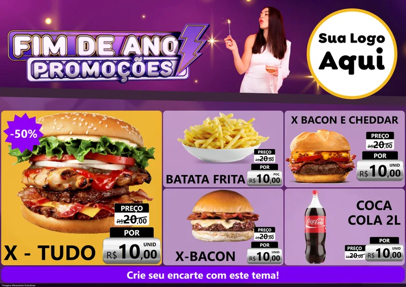 Modelo de Encarte para Encarte A4 Horizontal com o tema Fim de Ano Promoções para Hamburgueria