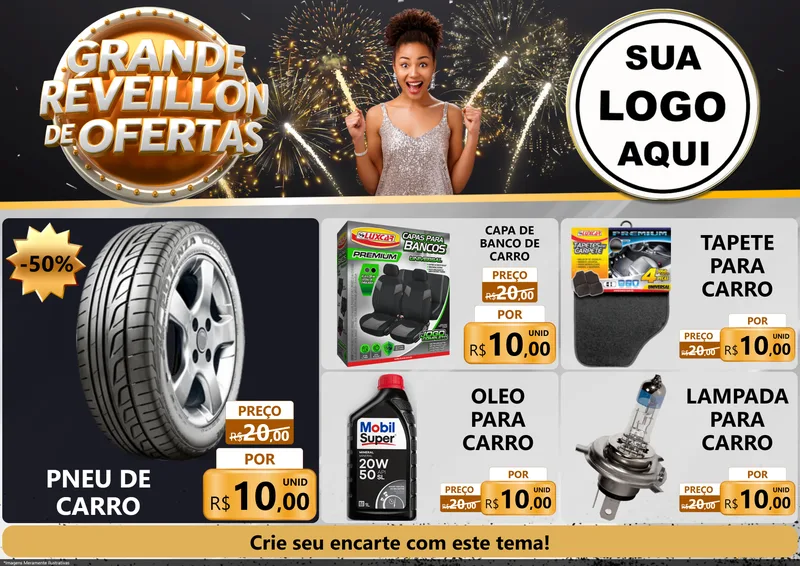 Modelo de Encarte para Encarte A4 Horizontal com o tema Grande Réveillon de Ofertas para Auto peças