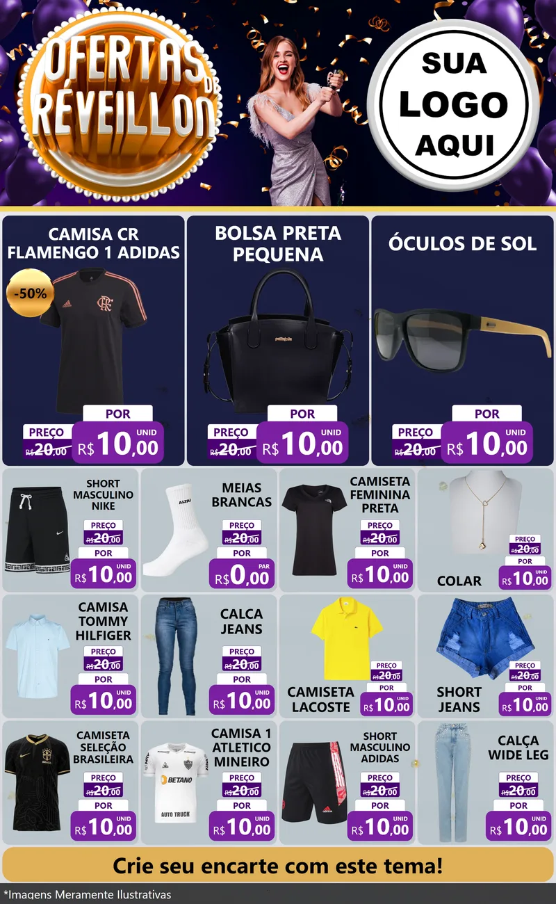 Modelo de Encarte para Encarte Grande com o tema Ofertas de Réveillon para Roupas e acessórios