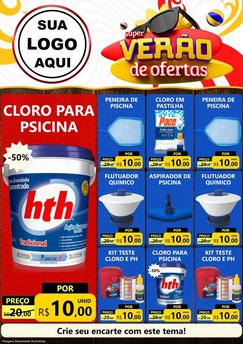Modelo de Encarte para Encarte A4 Vertical com o tema Super Verão de Ofertas para Produtos para Piscina
