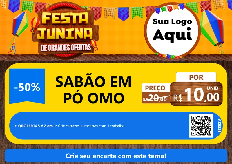 Modelo de Cartaz para Cartaz A4 Horizontal com o tema Festa Junina de Grandes Ofertas para Produtos de Limpeza