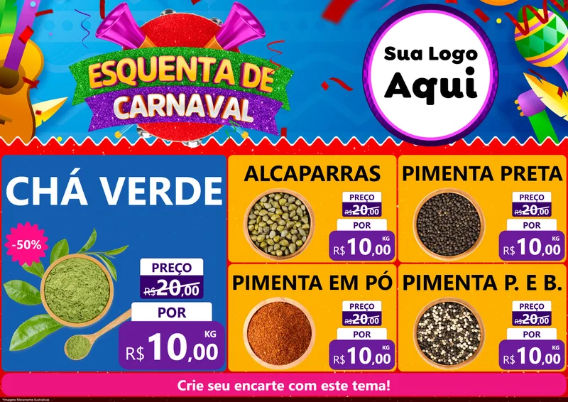 Modelo de Encarte para Encarte A4 Horizontal com o tema Esquenta de Carnaval para Produtos Naturais