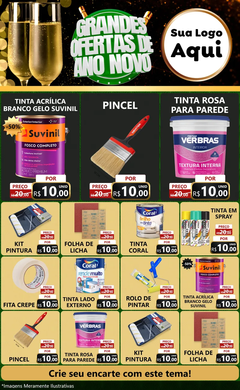 Modelo de Encarte para Encarte Grande com o tema Grandes Ofertas de Ano Novo para Tintas e Ferramentas