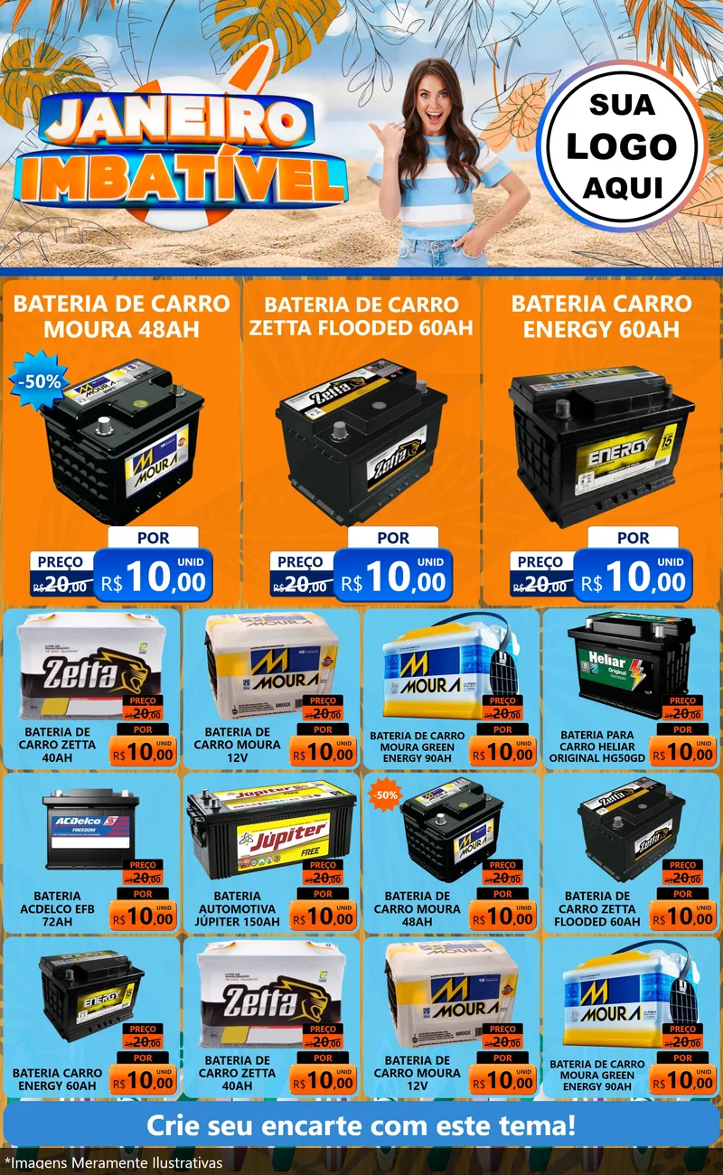 Modelo de Encarte para Encarte Grande com o tema Janeiro Imbatível para Baterias Elétricas