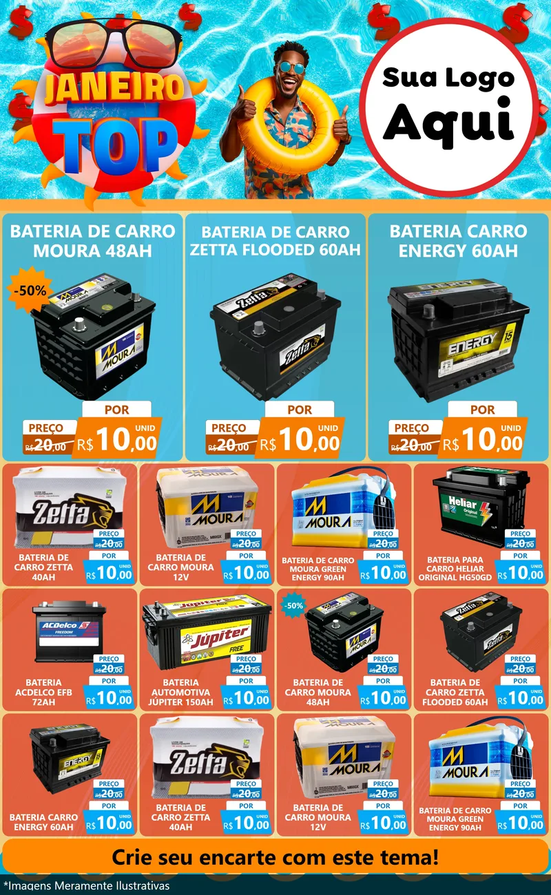 Modelo de Encarte para Encarte Grande com o tema Janeiro Top para Baterias Elétricas