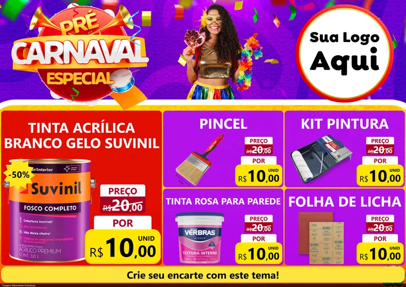 Modelo de Encarte para Encarte A4 Horizontal com o tema Pré-Carnaval Especial para Tintas e Ferramentas