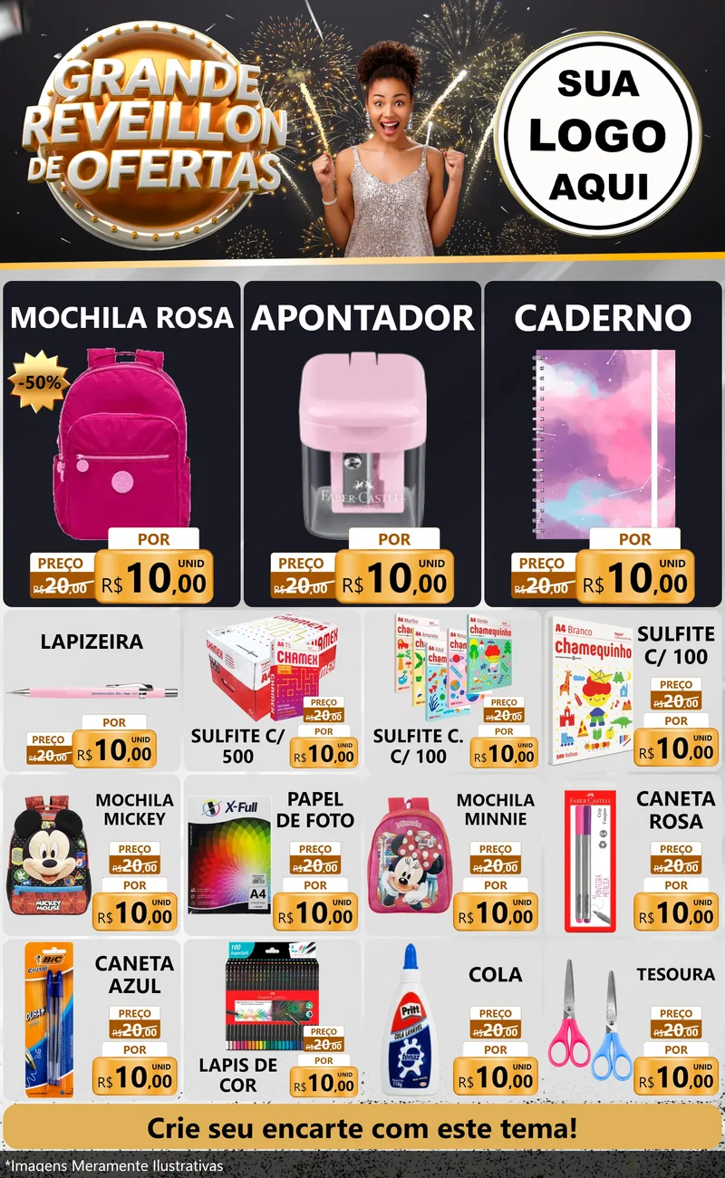 Modelo de Encarte para Encarte Grande com o tema Grande Réveillon de Ofertas para Papelaria