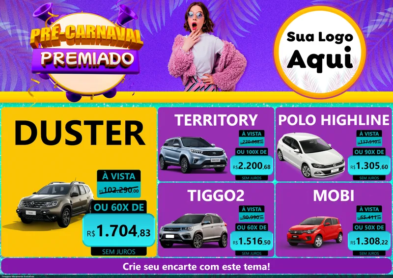 Modelo de Encarte para Encarte A4 Horizontal com o tema Pré-Carnaval Premiado para Concessionaria de Carros
