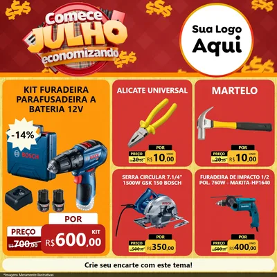 Modelo de Rede Social para Feed Facebook com o tema Comece Julho Economizando para Maquinas e Ferramentas