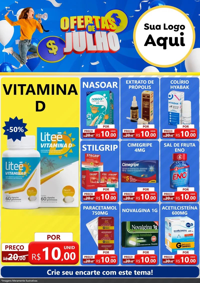 Modelo de Encarte para Encarte A4 Vertical com o tema Ofertas de Julho para Farmácia