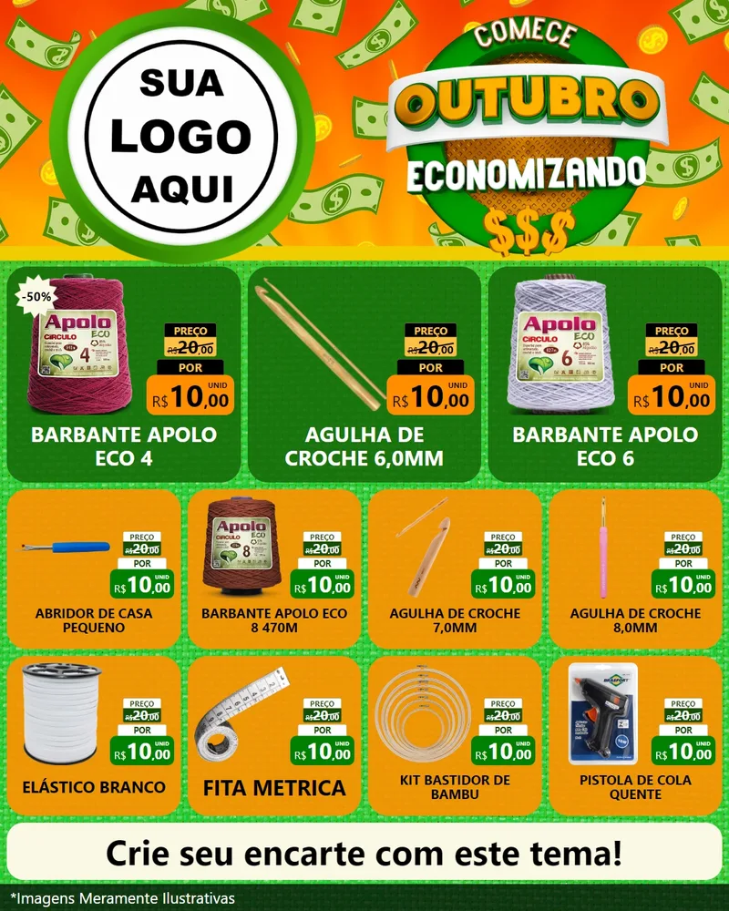 Modelo de Rede Social para Feed Instagram com o tema Comece Outubro Economizando para Armarinho e Aviamentos