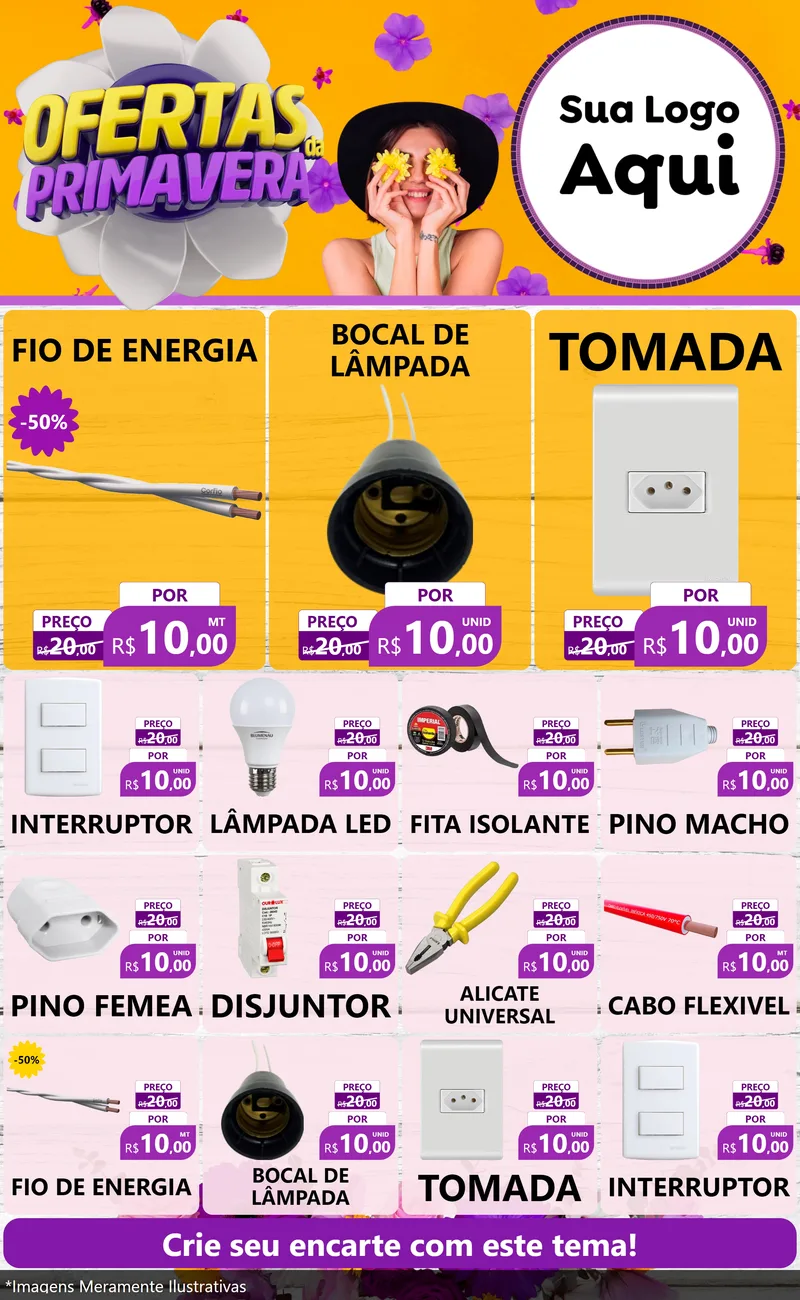 Modelo de Encarte para Encarte Grande com o tema Ofertas Da Primavera para Materiais Elétricos