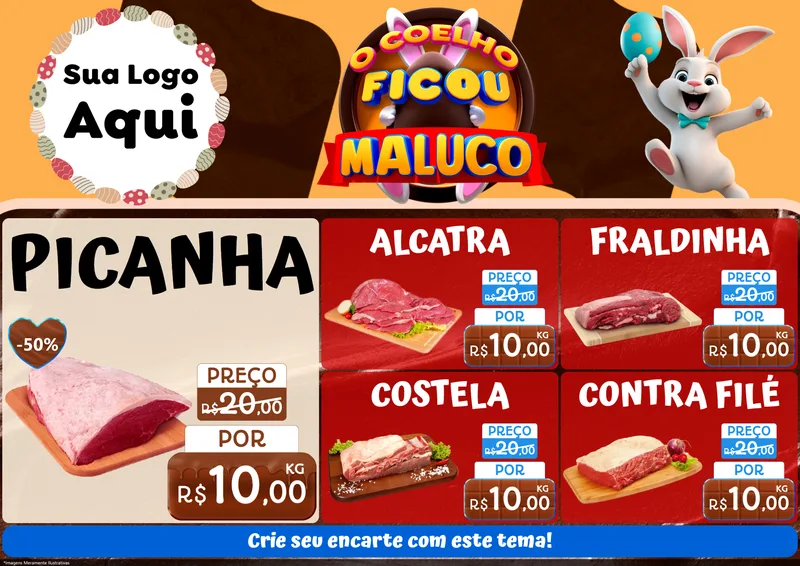Modelo de Encarte para Encarte A4 Horizontal com o tema O Coelho Ficou Maluco - Páscoa para Açougue
