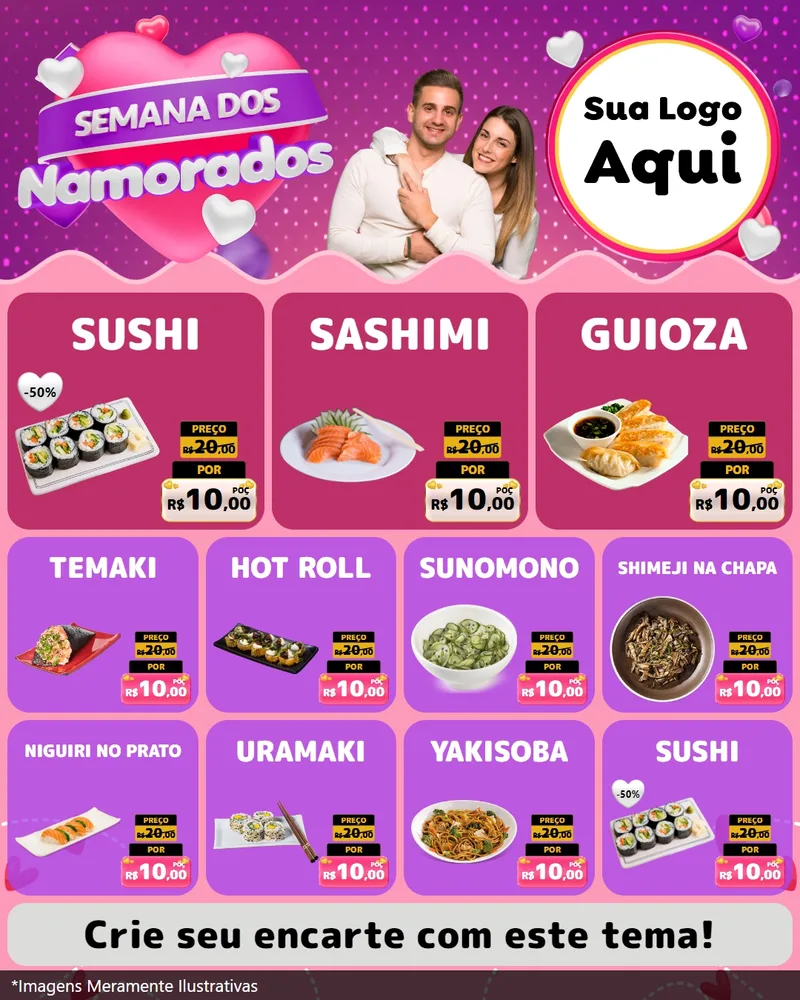 Modelo de Rede Social para Feed Instagram com o tema Semana dos Namorados para Comida japonesa