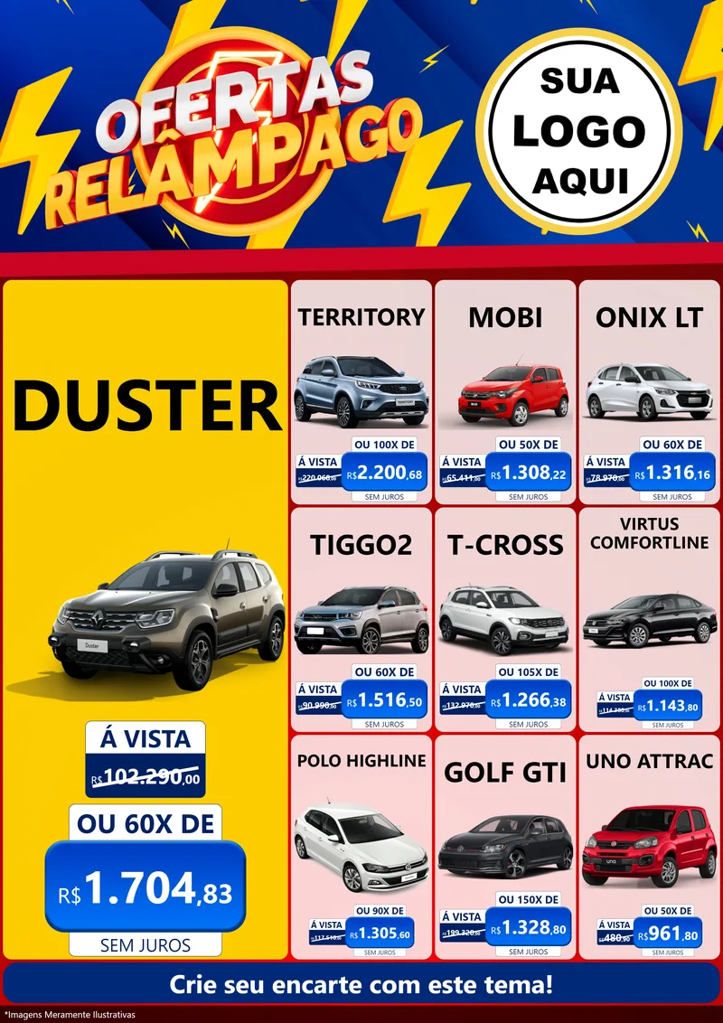 Modelo de Encarte para Encarte A4 Vertical com o tema Ofertas Relâmpago para Concessionaria de Carros
