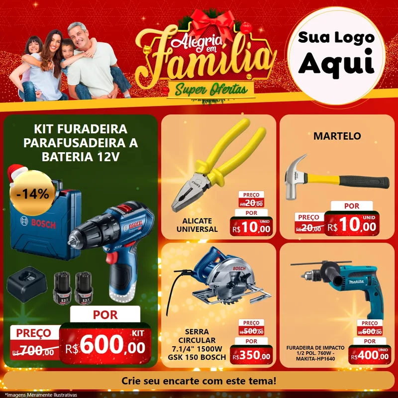 Modelo de Rede Social para Feed Facebook com o tema Alegria em Família Super Ofertas - Natal para Maquinas e Ferramentas