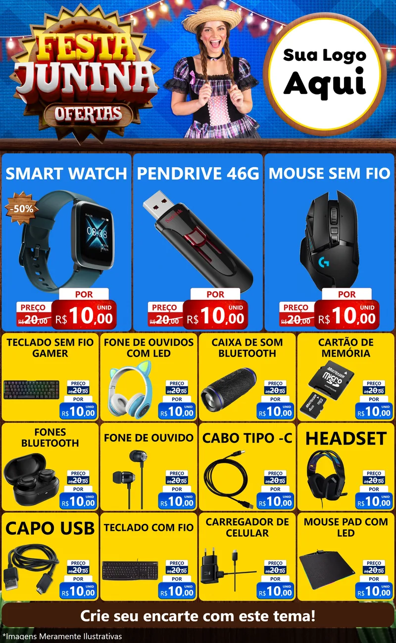 Modelo de Encarte para Encarte Grande com o tema Festa Junina Ofertas para Informática