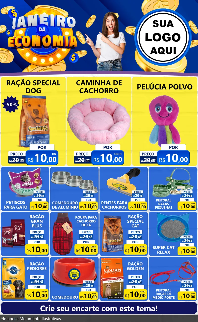 Modelo de Encarte para Encarte Grande com o tema Janeiro da Economia para Pet Shop