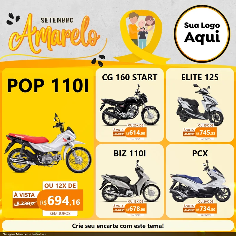 Modelo de Rede Social para Feed Facebook com o tema Setembro Amarelo para Concessionaria de Motos