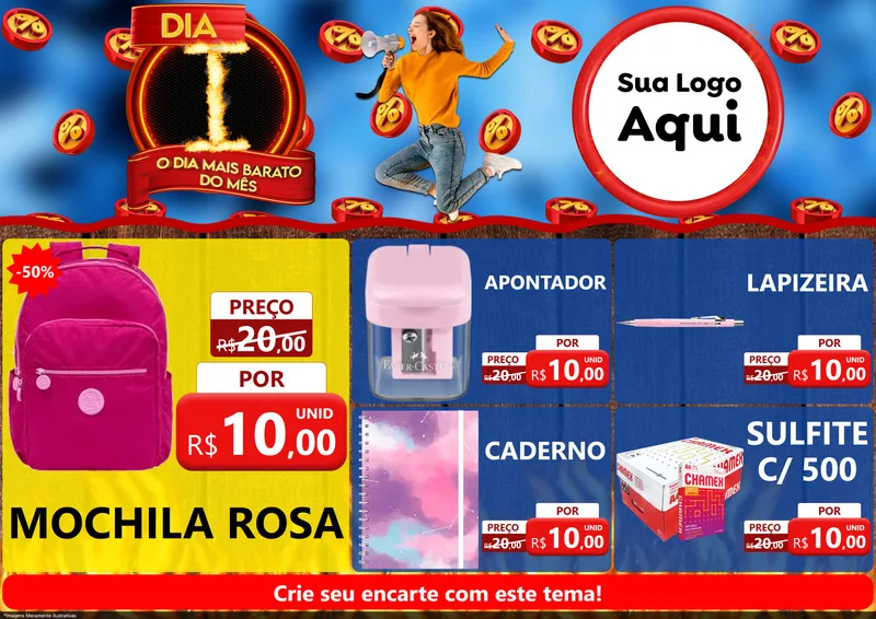 Modelo de Encarte para Encarte A4 Horizontal com o tema Dia I - O Dia Mais Barato Do Mês para Papelaria