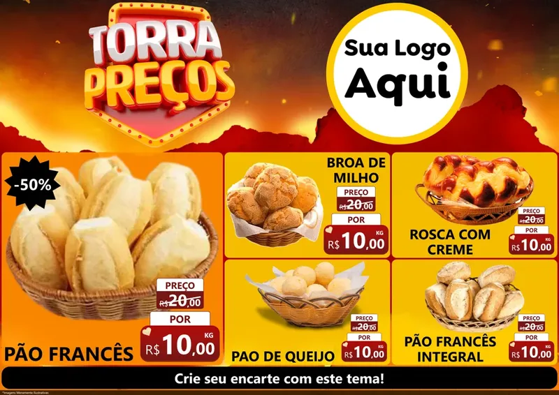 Modelo de Encarte para Encarte A4 Horizontal com o tema Torra Preços para Padaria