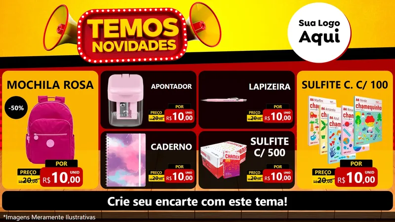 Modelo de TV para TV Horizontal com o tema Temos Novidades para Papelaria