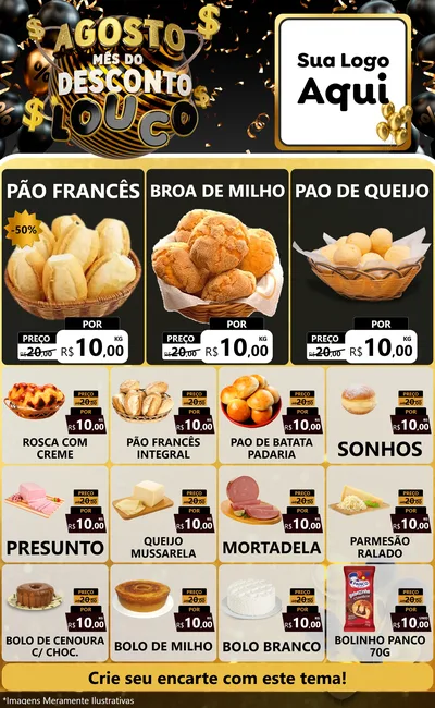 Modelo de Encarte para Encarte Grande com o tema Agosto Mês do Desconto Louco para Padaria