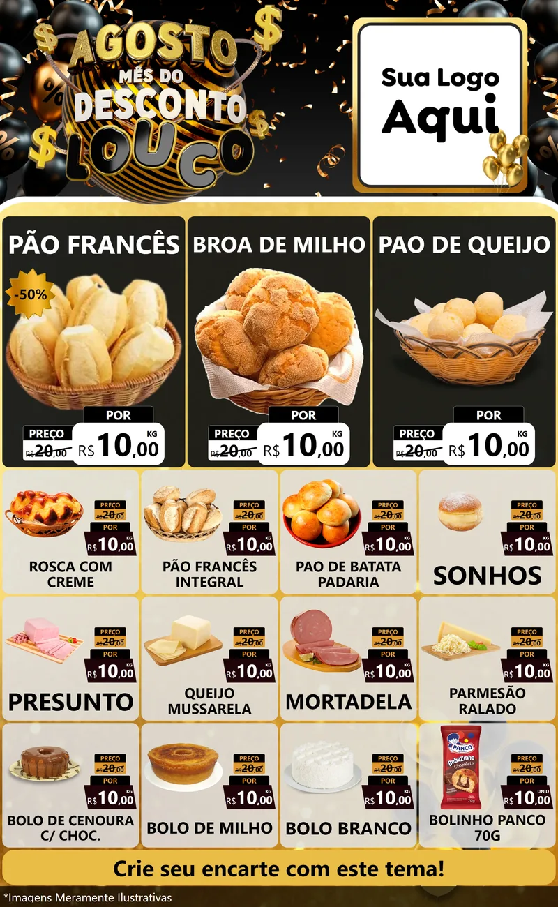 Modelo de Encarte para Encarte Grande com o tema Agosto Mês do Desconto Louco para Padaria