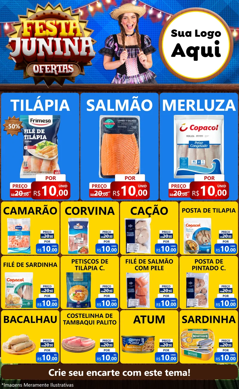 Modelo de Encarte para Encarte Grande com o tema Festa Junina Ofertas para Peixaria