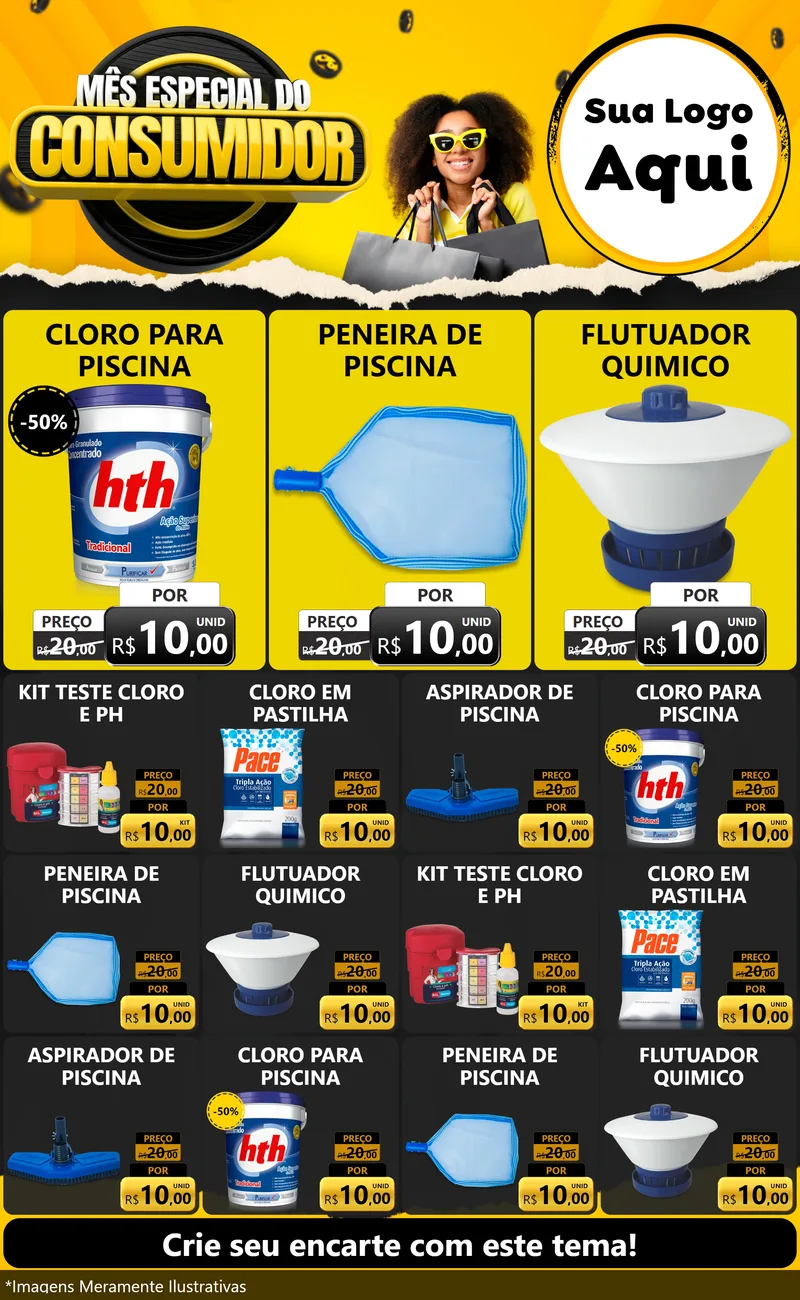 Modelo de Encarte para Encarte Grande com o tema Mês Especial do Consumidor para Produtos para Piscina