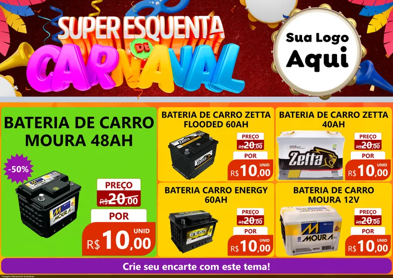 Modelo de Encarte para Encarte A4 Horizontal com o tema Super Esquenta de Carnaval para Baterias Elétricas