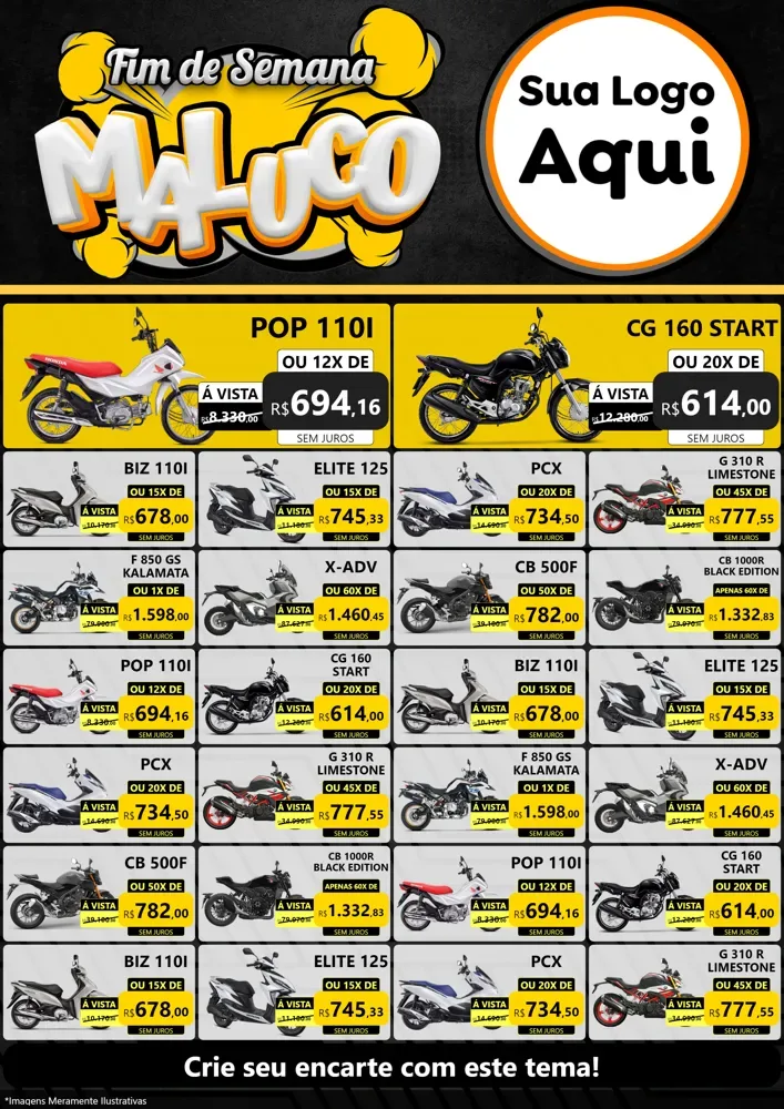 Modelo de Encarte para Encarte A4 Vertical com o tema Fim de Semana Maluco para Concessionaria de Motos