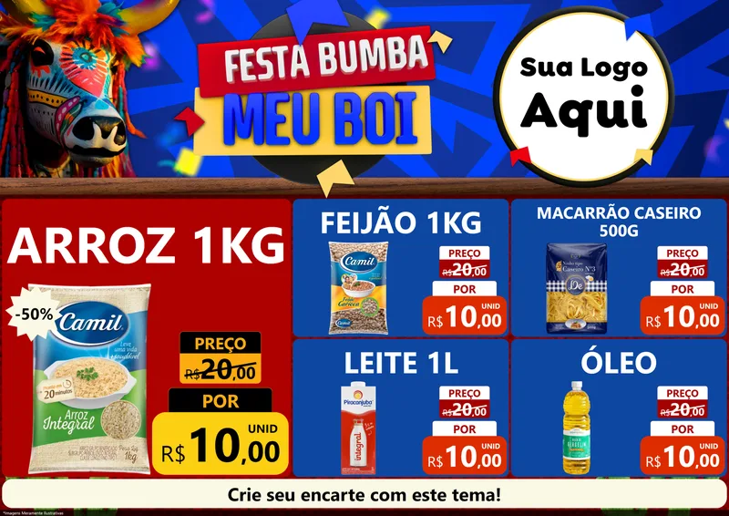 Modelo de Encarte para Encarte A4 Horizontal com o tema Festa Bumba meu Boi para Supermercado