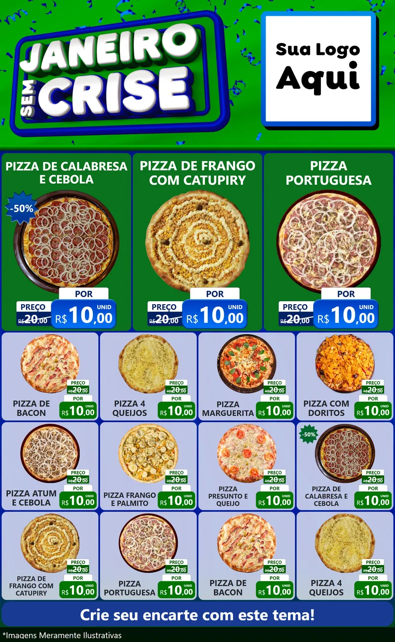 Modelo de Encarte para Encarte Grande com o tema Janeiro Sem Crise para Pizzaria