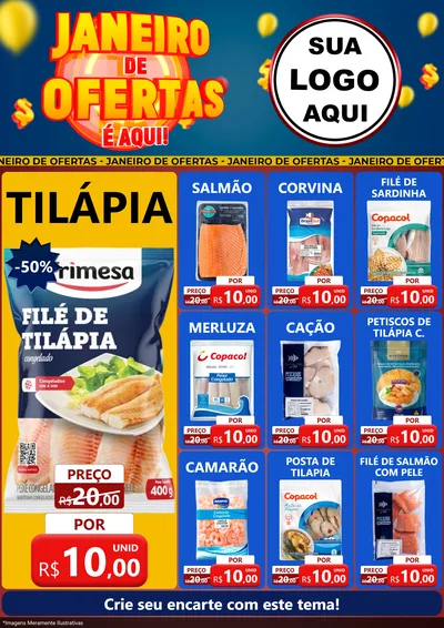 Modelo de Encarte para Encarte A4 Vertical com o tema Janeiro de Ofertas É Aqui! para Peixaria