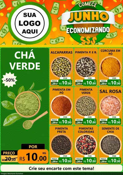 Modelo de Encarte para Encarte A4 Vertical com o tema Comece Junho Economizando para Produtos Naturais