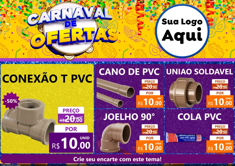 Modelo de Encarte para Encarte A4 Horizontal com o tema Carnaval de Ofertas para Tubos e conexões