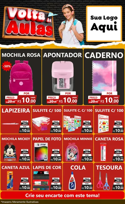 Modelo de Encarte para Encarte Grande com o tema Volta Às Aulas para Papelaria